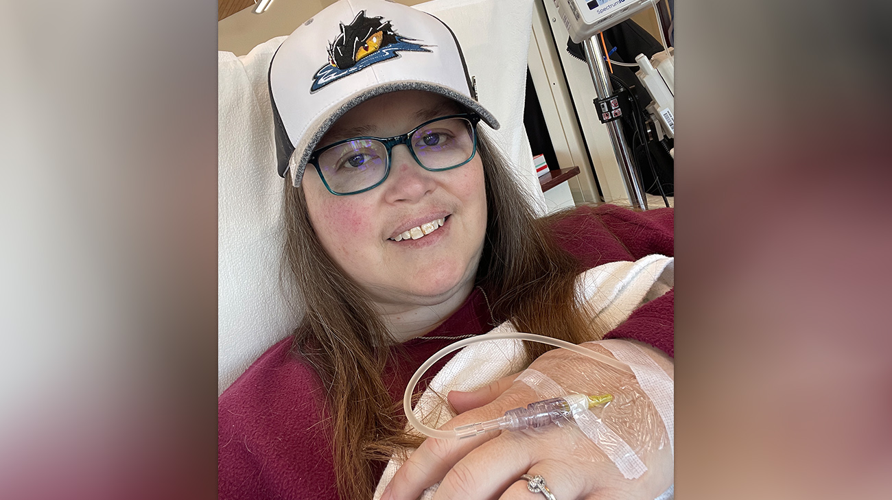 Andrea during an infusion for MS at Cleveland Clinic Mellen Center for Multiple Sclerosis. 
